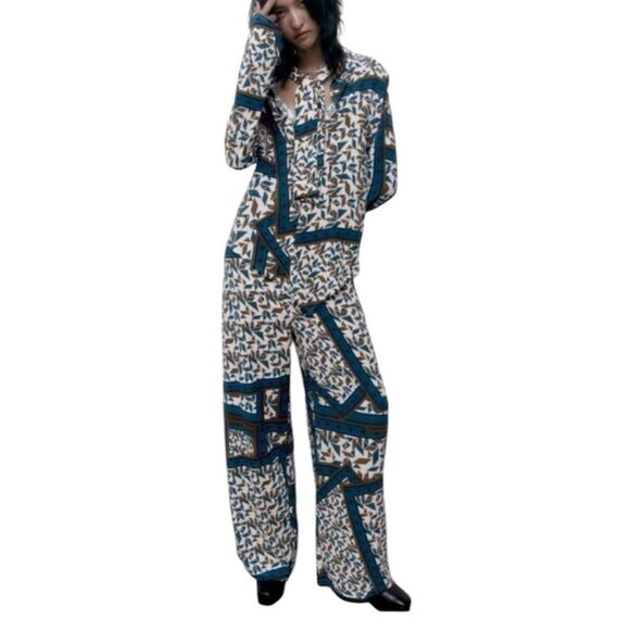 Zara Printed Pants Blue/Brown Set(Size Top
Medium/ Bottom Small) - Picture 1 of 9